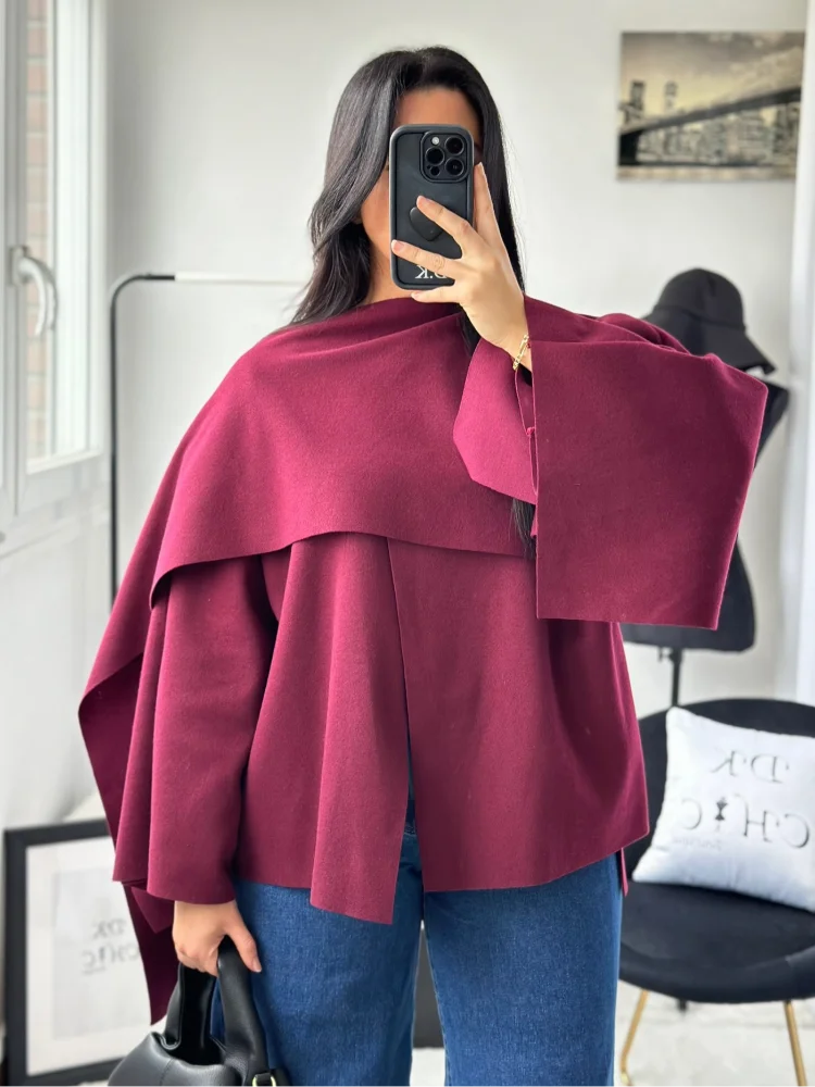 Women Elegant Scarf Collar Woolen Cape Jacket Vintage Wine Red Long Sleeve Loose Short Coat Autumn Chic Lady Highstreet Outwear