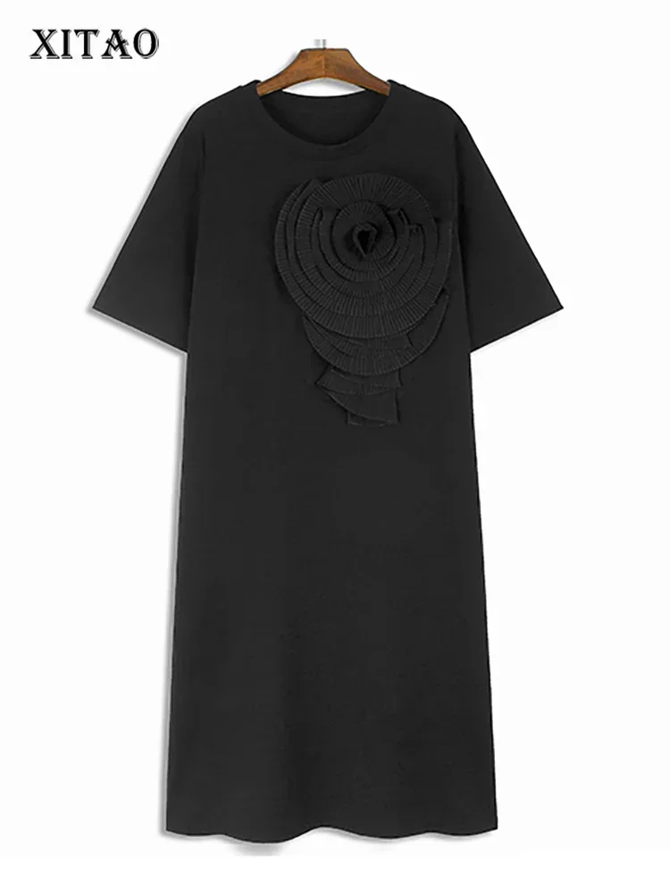 

XITAO Three-dimensional Decoration Dresses Solid Color O-neck Pullover Floral Side Split Mid-calf Casual Dress Summer ZY8688