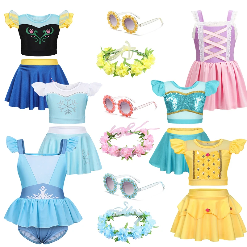 

Girls Ruffle Style Elsa Anna Swimwear Charm Rapunzel Separate Swimsuit Kid Jasmine Princess Swimsuits Beach Bikini With Headband