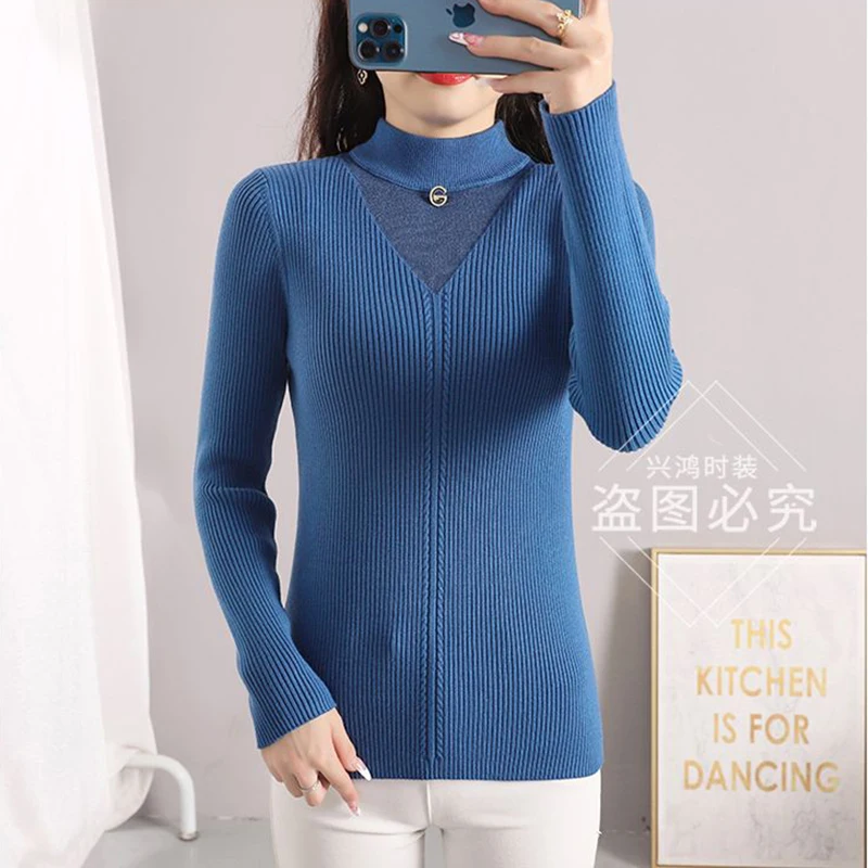 Semi-turtle Neck Womens Autumn And Winter New Lace Slim And Slim Long-sleeved Fashion Knitted Bottoming Shirt With Foreign Style