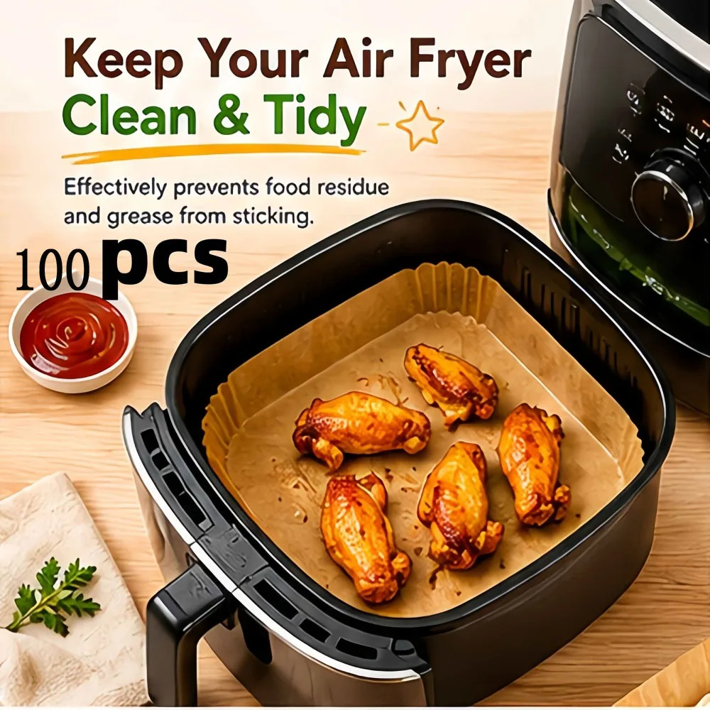 Air Fryer Paper Liners Square Non-Stick Parchment Liners, Disposable Bleach Free Liners for Air Fryer & Microwave