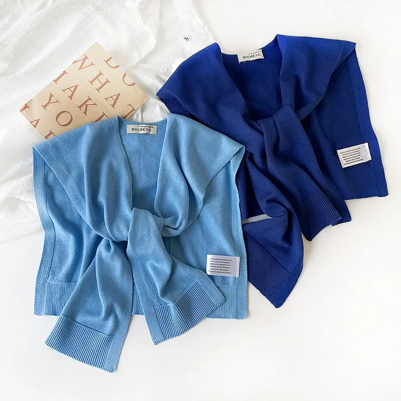 

2026 Korean Style High-End Solid Color Knitted Wool Shawl Spring Autumn Thin Small Vest with Decorative Knotted Shawl