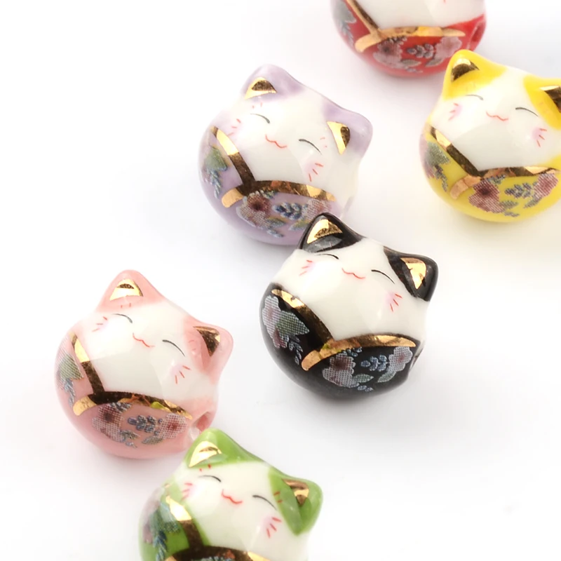 14mm Cute V-neck cat Ceramic Beads Multiple Mixed Colors Loose Beads For Jewelry Making Handmade Diy Porcelain beads Wholesale