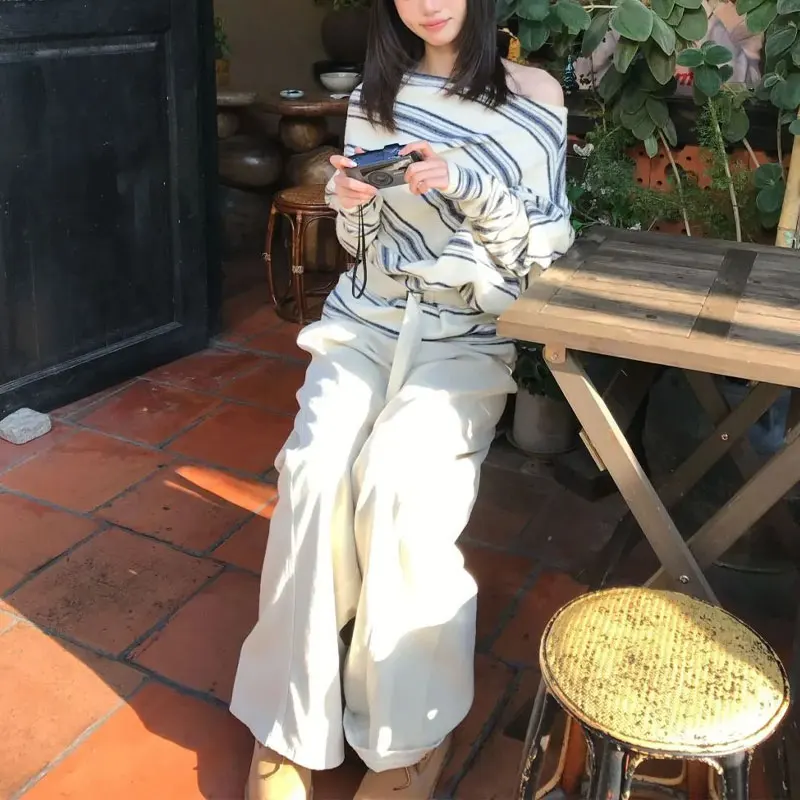 

Stylish Off Shoulder Striped Knitted Pullovers Autumn Winter Slash Neck Women's Clothing Contrasting Colors Loose Basic Sweaters