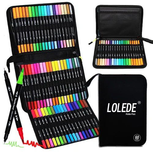 LOLEDE 60 colores marcadores de doble cabeza punta suministros de arte pincel de dibujo juego de colores para regalo bolígrafos lápices escritura Oficina escuela