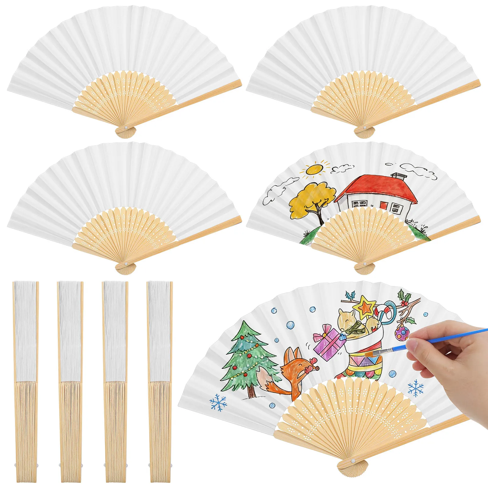 8Pcs Painting Folding Fans Blank DIY Hand Fans Creative Drawing Craft Set Fun Educational Activity for Home School