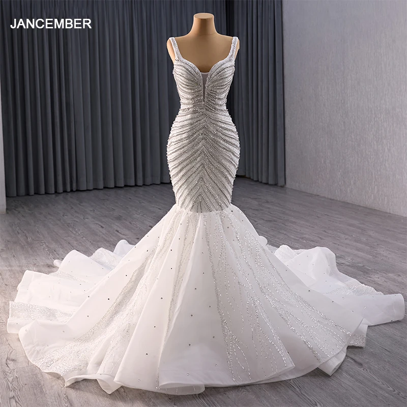 Jancember Promotion Exquisite Wedding Gown For Bride 2024 Mermaid Spaghetti Straps Court Train Lace Up Robe De Mariée RSM241019