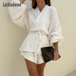 European and American Ins Style 2023 Summer White Lace-up Fashionable Top Casual Loose High Waist Shorts Two-Piece Set