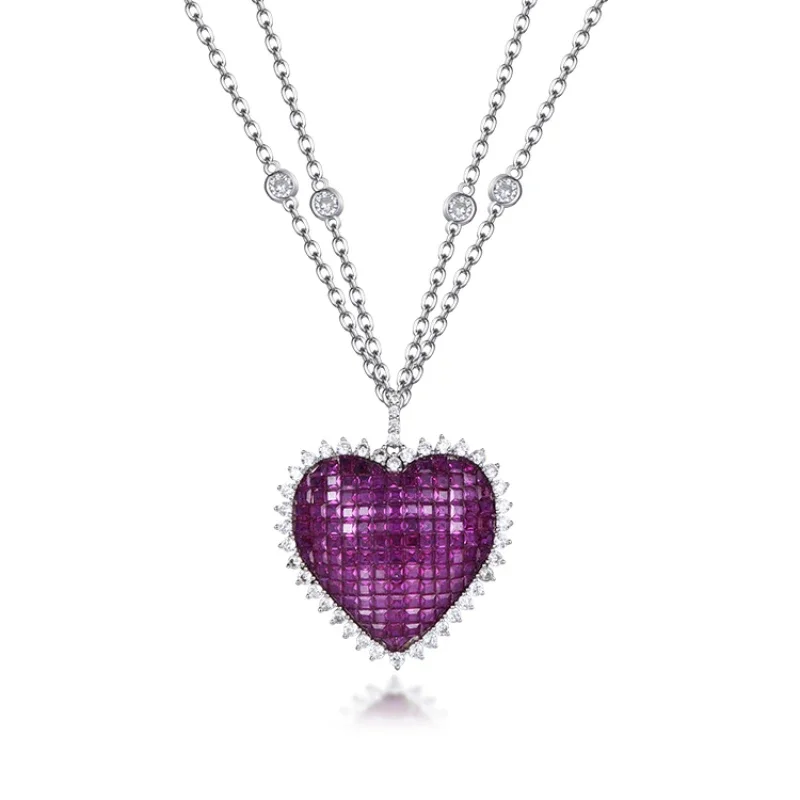 

TKJ Luxury Heart Pendant Necklace Chain 925 Sterling Silver CZ Diamond Ruby Sapphire Gemstone Heart Charms Necklace Fine Jewelry