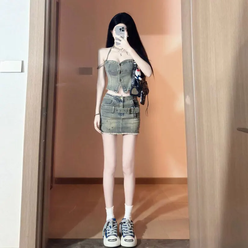 

American Sweet And Spicy Skirt Set Retro Hong Kong Style Two-Piece Denim Ensemble for Young Women Comfortable Short Cotton V-...