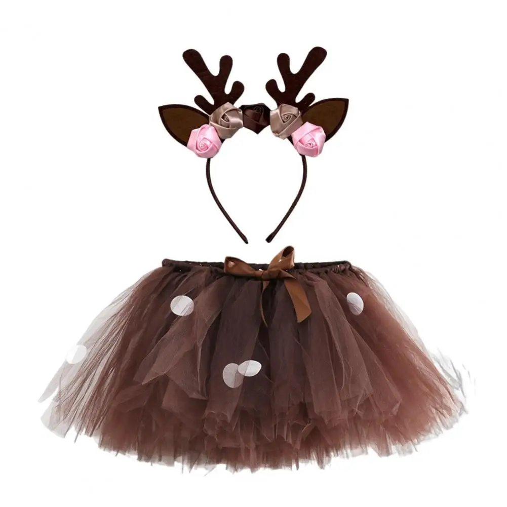 Christmas Bunny Skirt Children's Cosplay Outfit Set with Multi-layered Mesh Skirt Bow Decor Antler for Birthday