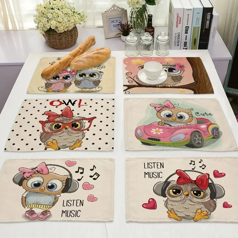 

4/6/8Pcs Owl Animal Placemat Music Bird Kitchen Linen Dining Table Mats Coaster Pad Bowl Cup Dishes Coffee Mat Home Decoration