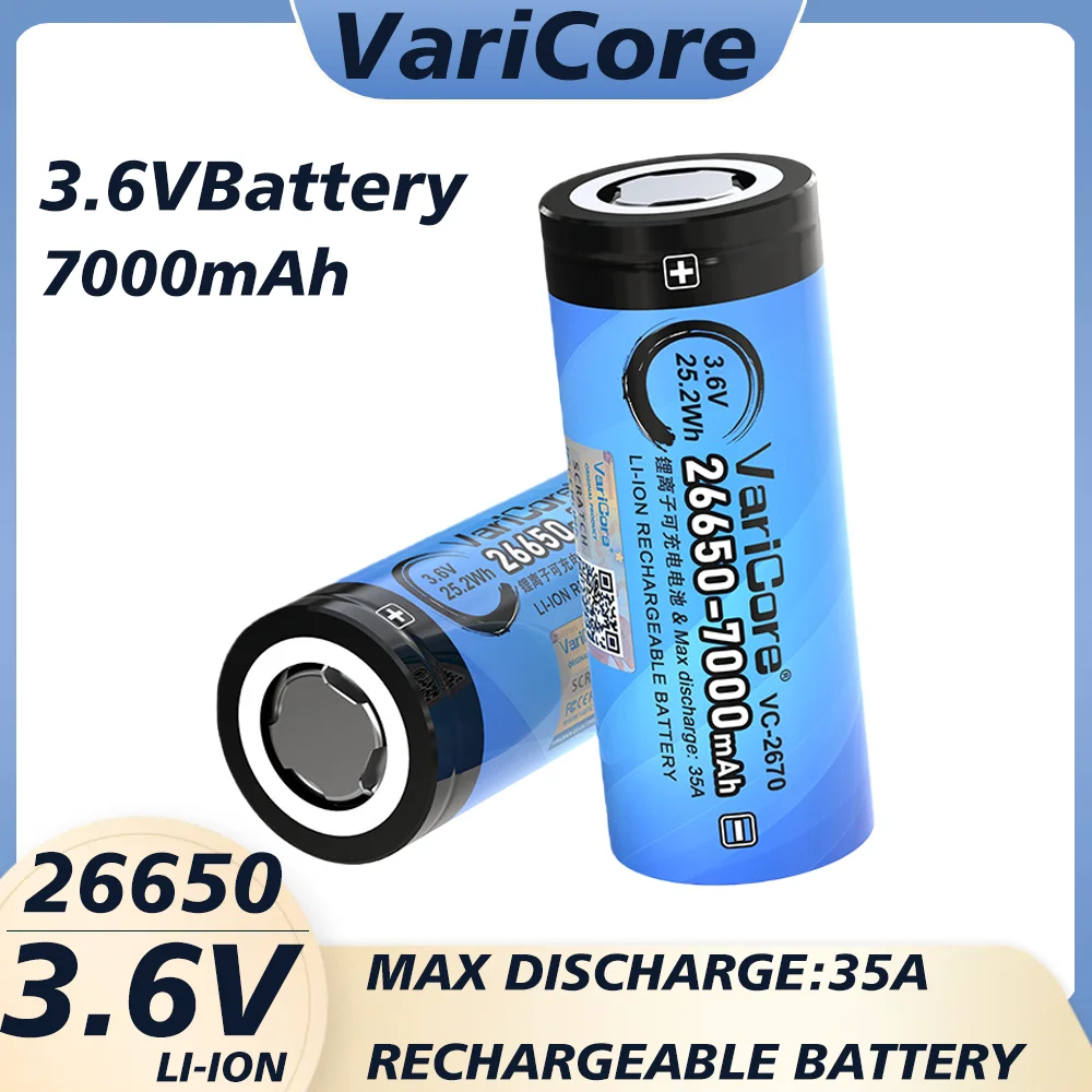 VariCore VC-2670 3.7V 7000mA 26650 Lithium Rechargeable Battery Suitable for Strong Light Flashlight Headlight