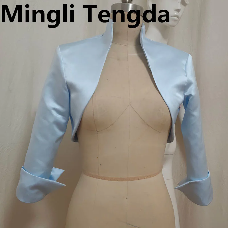 Mingli Tengda Stain Bride Bolero Shrugs For Women Stand-up Collar Stola Wedding Jacket 3/4 Sleeves Cape Bridal Polly Custom Made