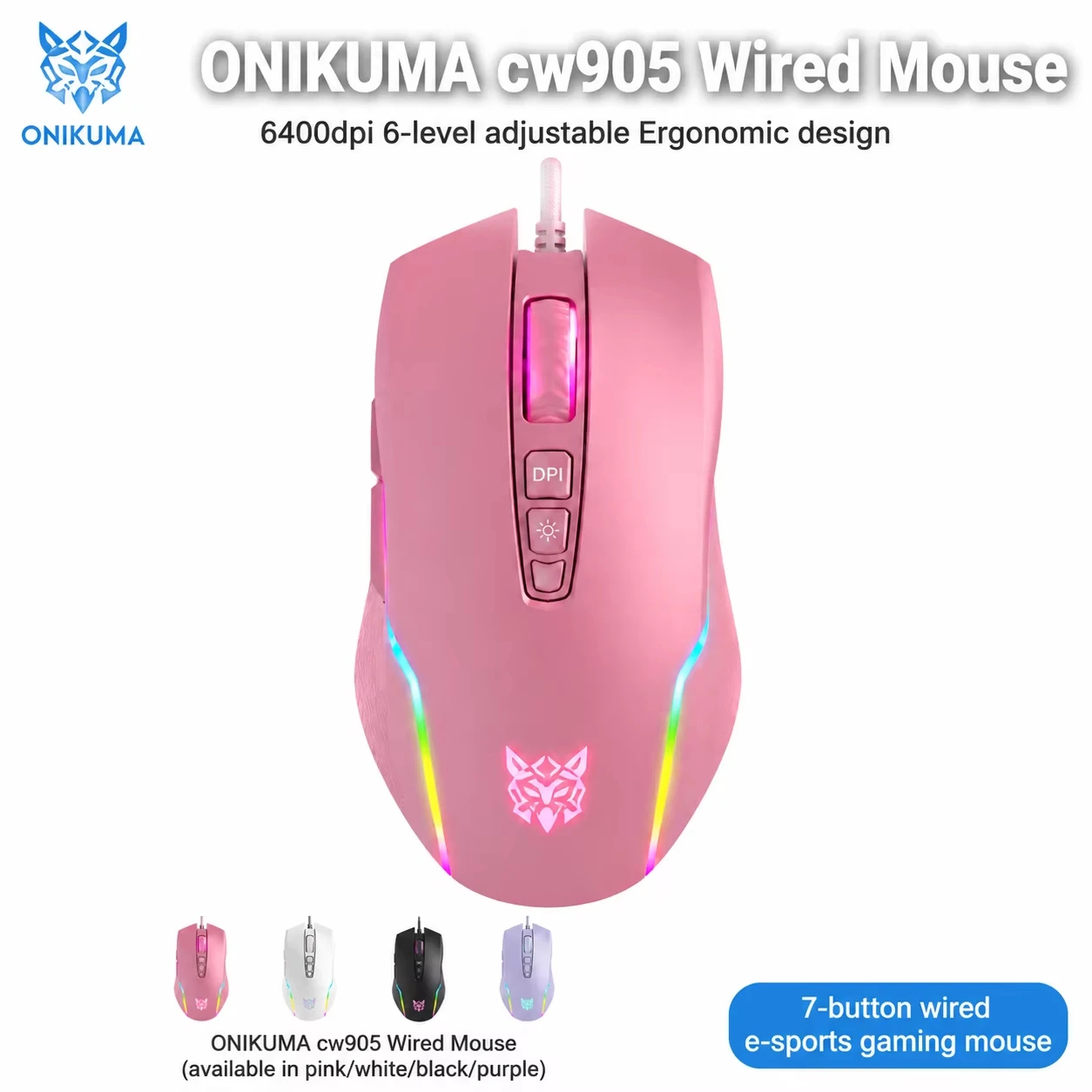 

Wired Gaming Mouse 6400DPI 7 Buttons Ergonomic RGB Backlit Optical Mice for PC Laptop Desktop Gamer Pink White Purple