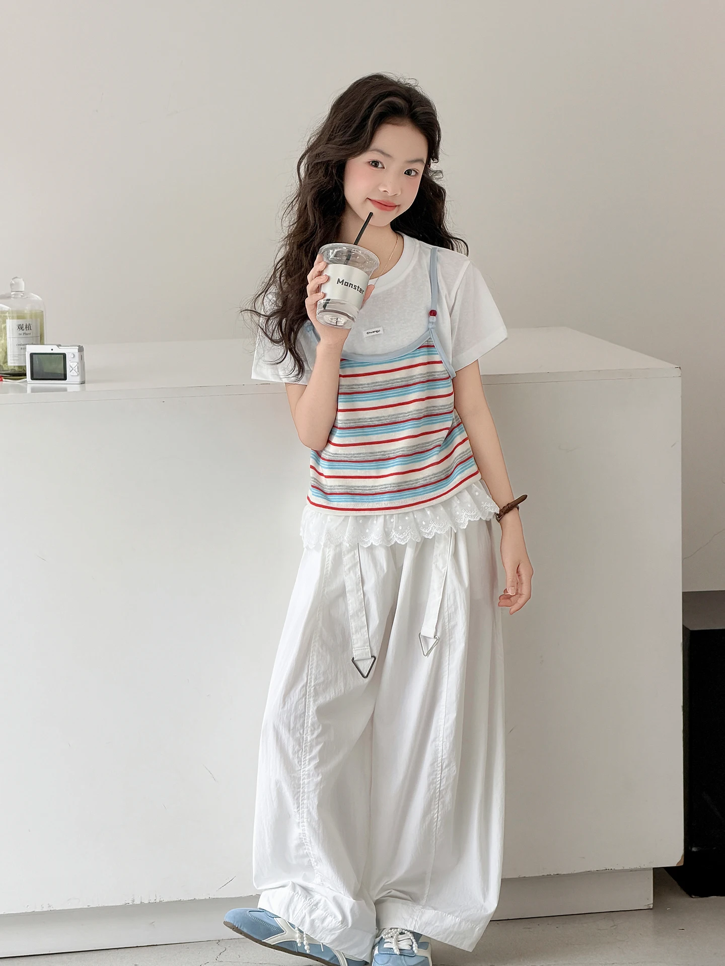 girls-summer-casual-striped-t-shirt-wide-leg-pants-two-piece-set-fashionable-trendy-kids-outfit-korean-style-children's-clothing