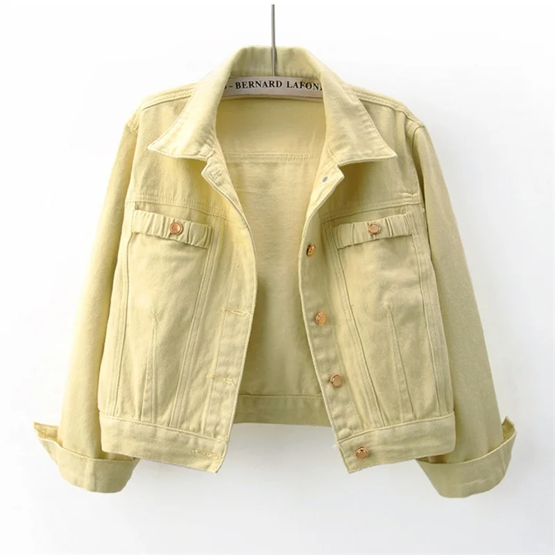 Spring Autumn Fashion Pink Yellow Denim Jackets Women Slim Short Cowboy Outerwear Korean Long Sleeve Jeans Jacket Coat Female