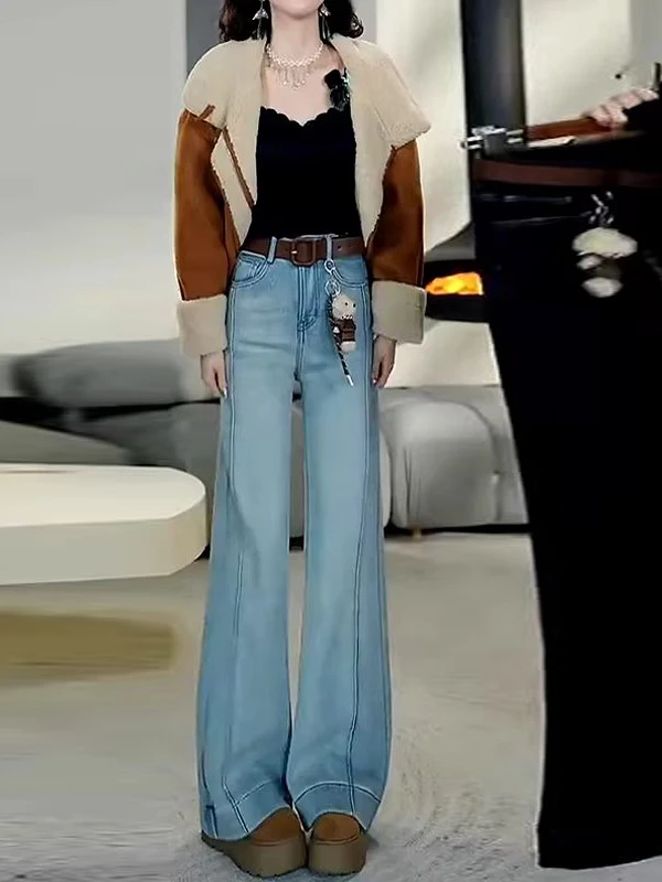 

Джинсы-клеш с высокой талией для женщин, эластичные, слегка расклешенные, из денима, весна-осень, новый стиль, большие размеры, для фигуры типа «груша»