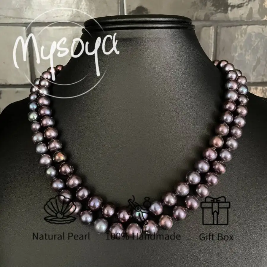 

MYSOYA 8-9 мм двухслойное ожерелье из натурального черного пресноводного жемчуга для женщин и мужчин с подарочной коробкой, подарок на день рождения, свадьбу, ювелирное изделие