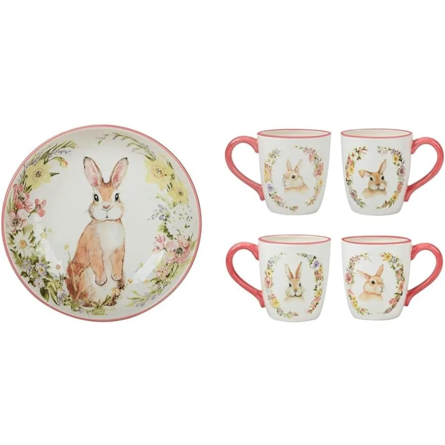 

Easter Garden Dinner Plates Set of 4 10.75" and Mugs Set of 4 Assorted 20 oz. Susan Winget Multicolored Spring Bunny Floral Des