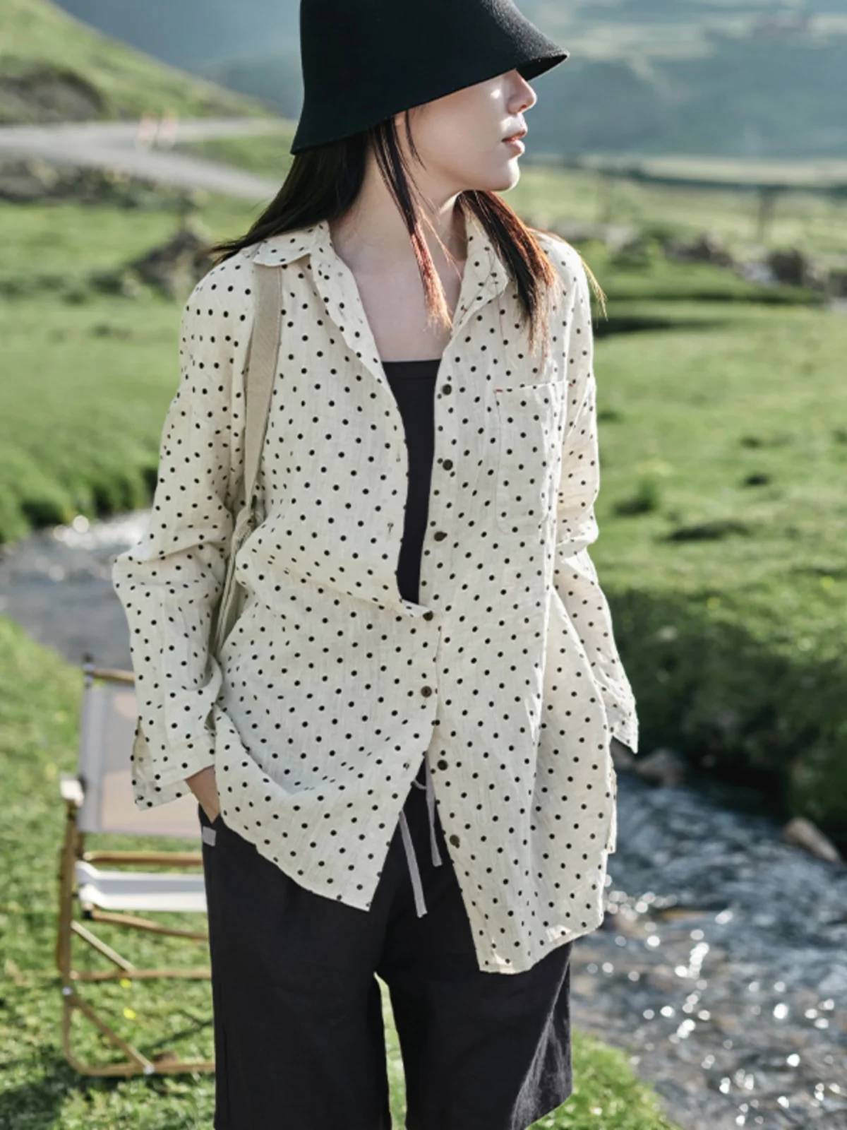 

Artistic Linen irt Spring New Polka Dot Loose Fit Breathable Summer Thin Top Women's Premium Quali Casual Button up