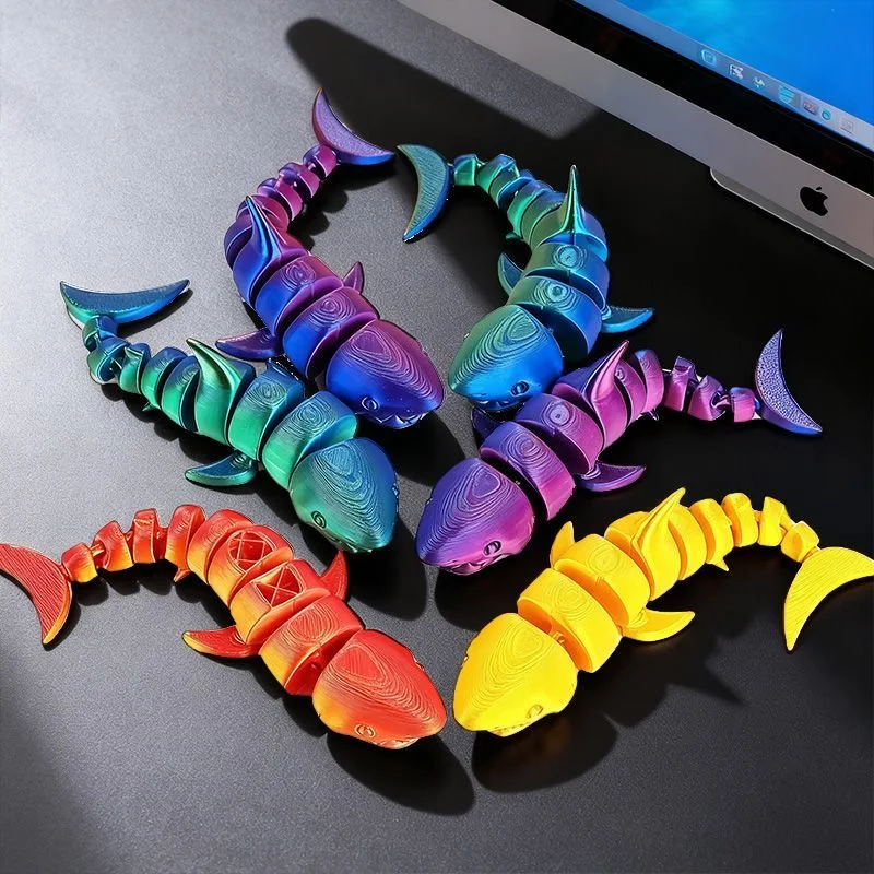 3D Printed Marine Toy Shark with Movable Joints and Bright Colors Is Simple and Elegant Three-dimensional Figurine for Kids Toys