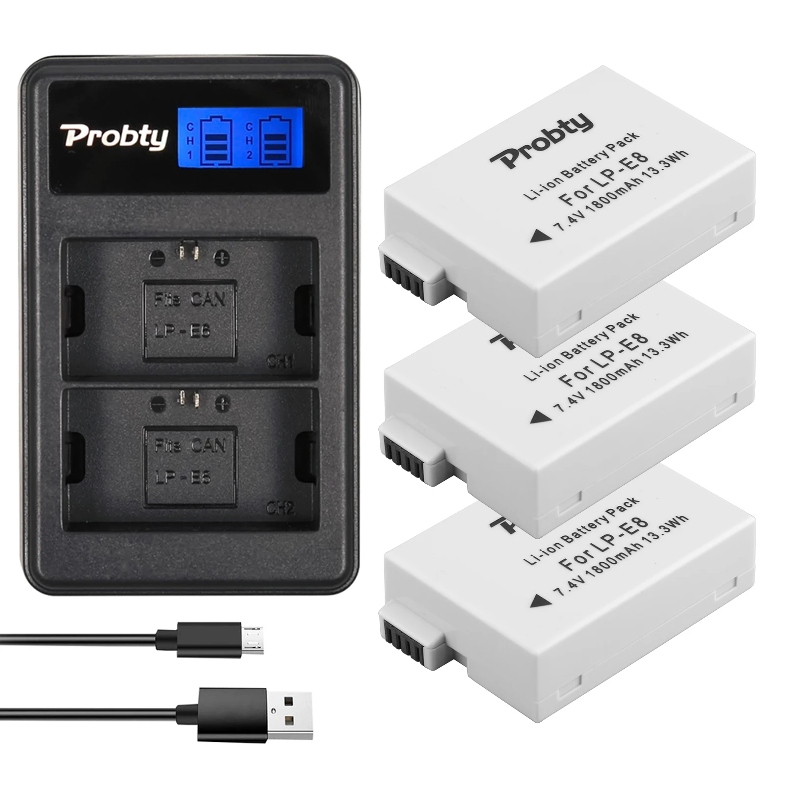 

Probty 3 Pcs LP-E8 LP E8 LPE8 1800mAh camera Battery + LCD Dual Charger For Canon EOS 550D 600D 650D 700D Rebel T2i T3i T4i T5i