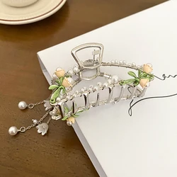 Korean Fashion Pearl Flower Leaf Tassel Hair Clip for Women Sweet Fairycore Hair Claws Temperament Hair Accessories Gift