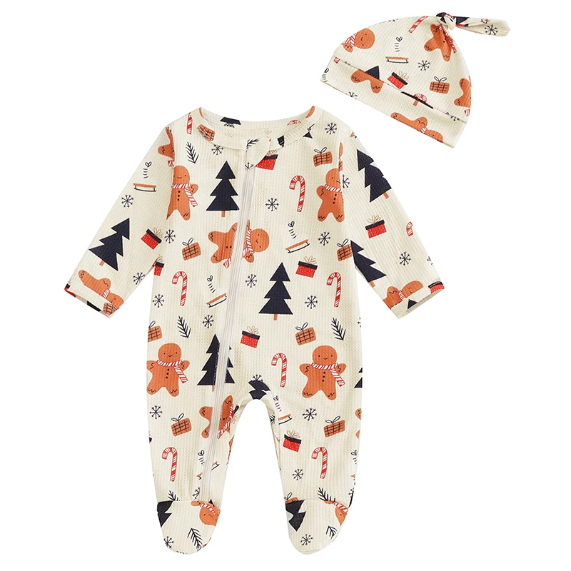 

Newborn Girls Boys Christmas Jumpsuit Long Sleeve Crewneck Christmas Elements Print Romper with Hat Headband