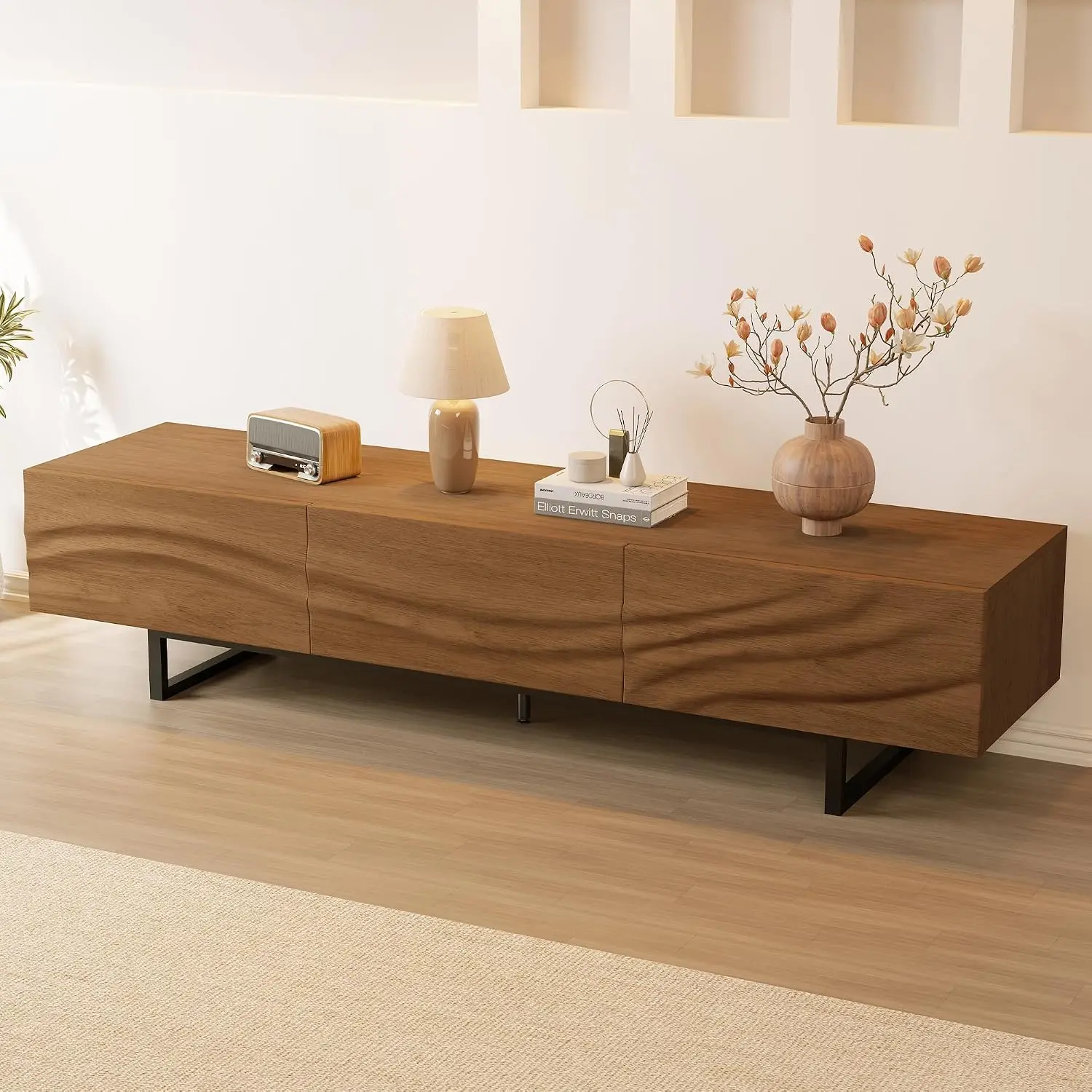82.83" Mid Century Modern TV Stand for 80 Inch TVs and Larger, Walnut Entertainment Center with Solid Wood Wavy Drawers