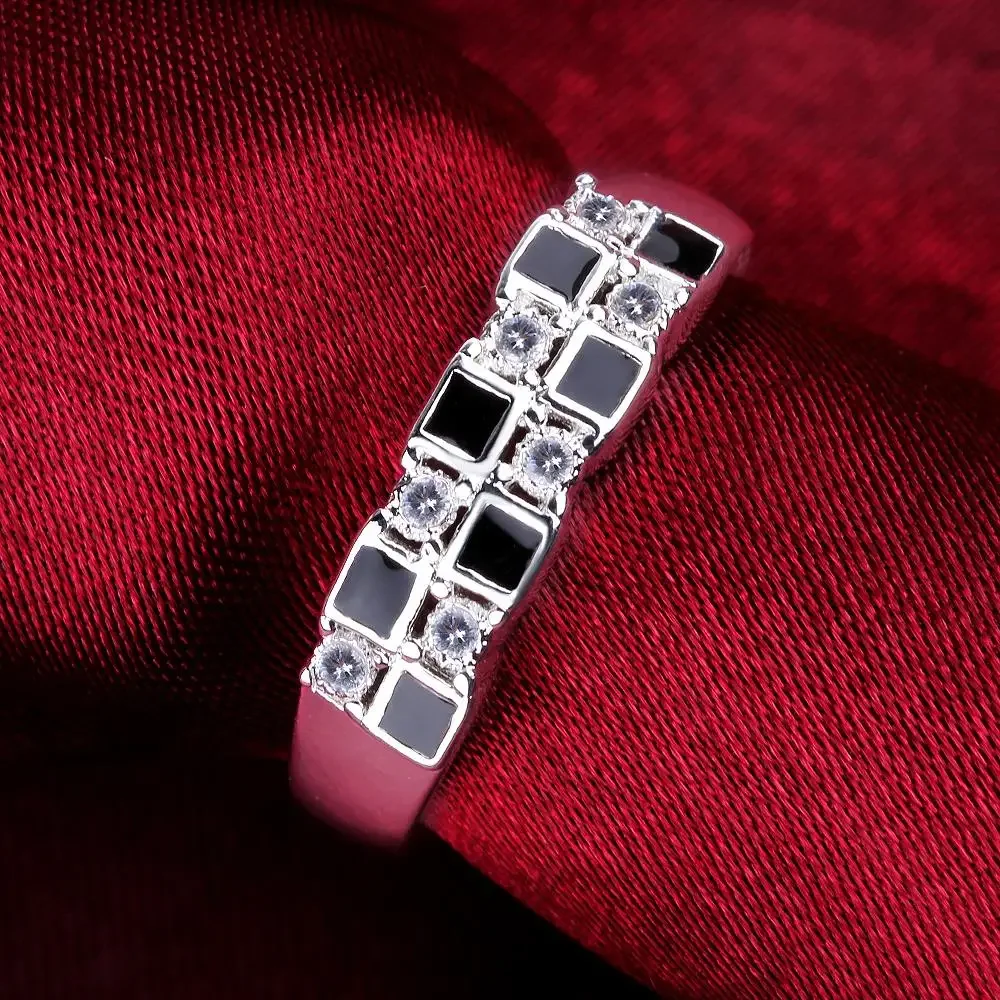 

New hot 925 sterling Silver Rings For Women fine crystal Black and white grid Fashion Party Gifts lady Charm wedding Jewelry