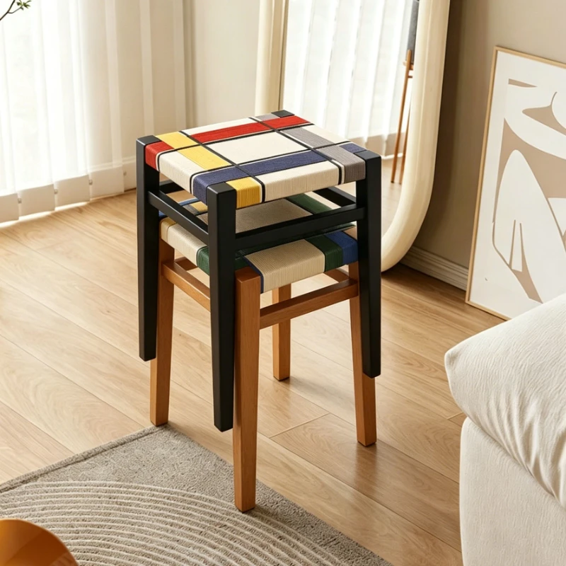 Wooden Shoe Changing Stool Retro Woven Makeup Chair Living Room Decorative Dresser Stools Portable Lounges Small Bench Furniture