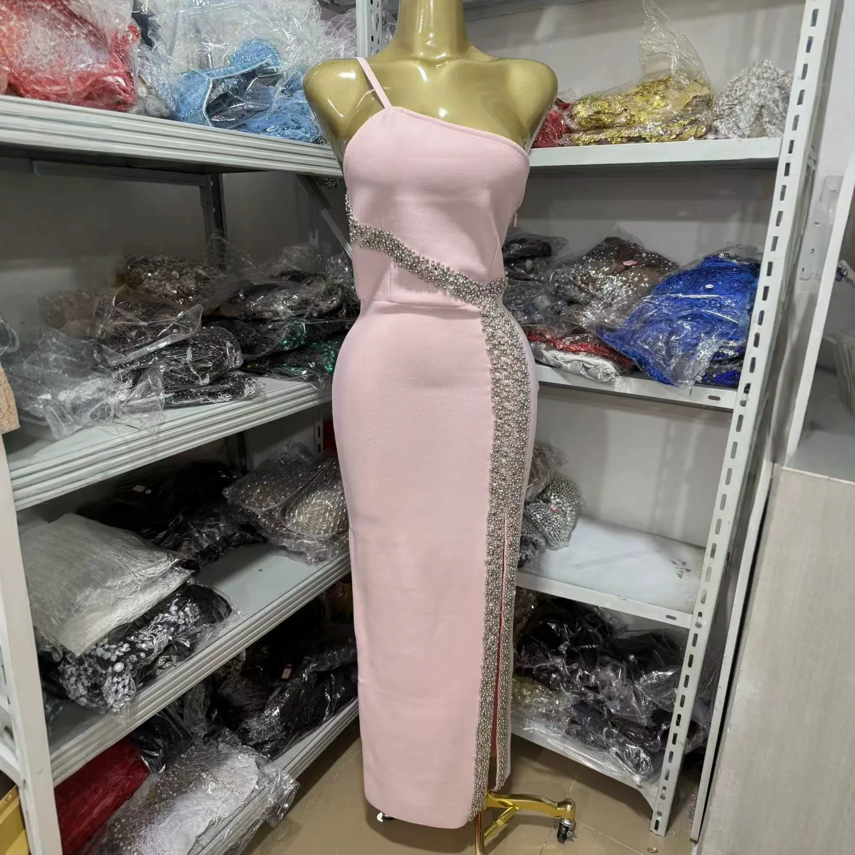 Elegant Fashion One-shoulder Bandage Maxi Dress Sleeveless Backless Beading Diamonds Side Split Bodycon Dresses Evening Gowns