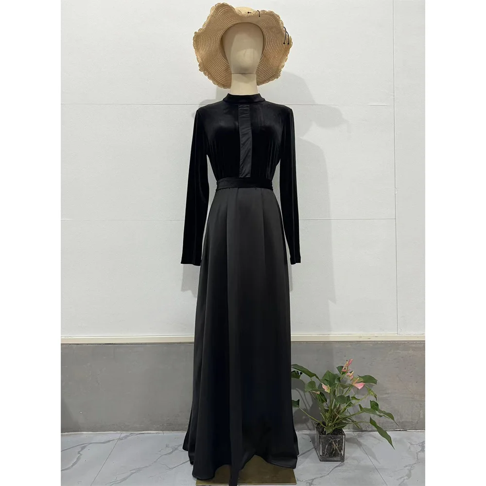 Women Dress Canary Slim Waist Black Round Neck Long Sleeve Dress Vintage Commuter Robe Office Ladies Dress Vestidos