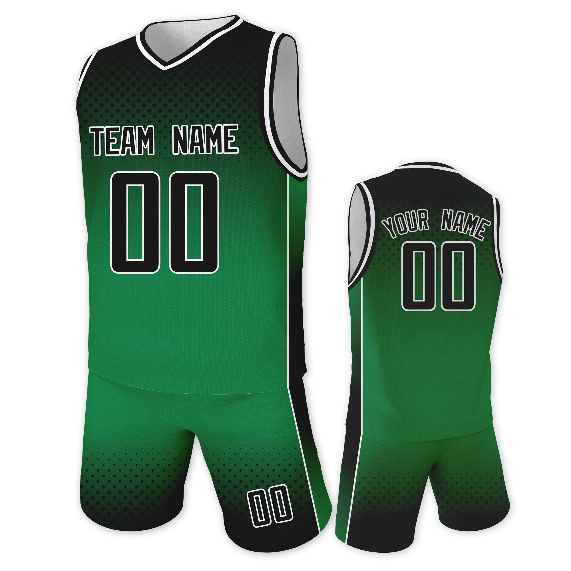 Kids Basketball Jersey Set Tank Top Shorts for Boys Girls Print Custom Team Name Number Green Black Gradient Basketball Uniform