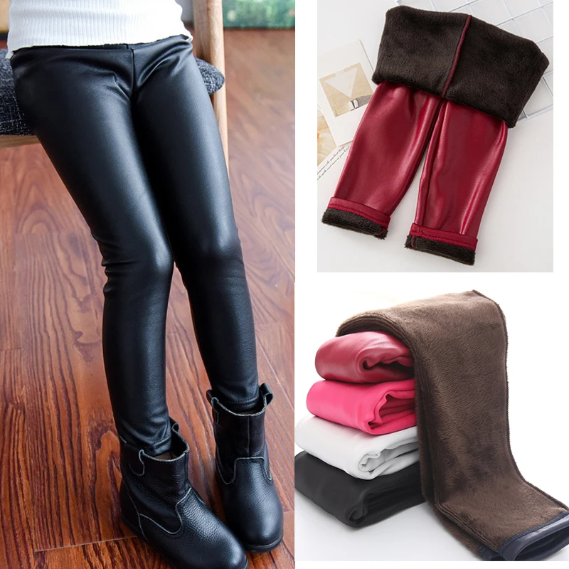 1pcs Autumn Winter Kids Leggings Children Solid Velvet Warm Trousers Girls Casual Leather Pencil Pants Cute Toddler Leegings