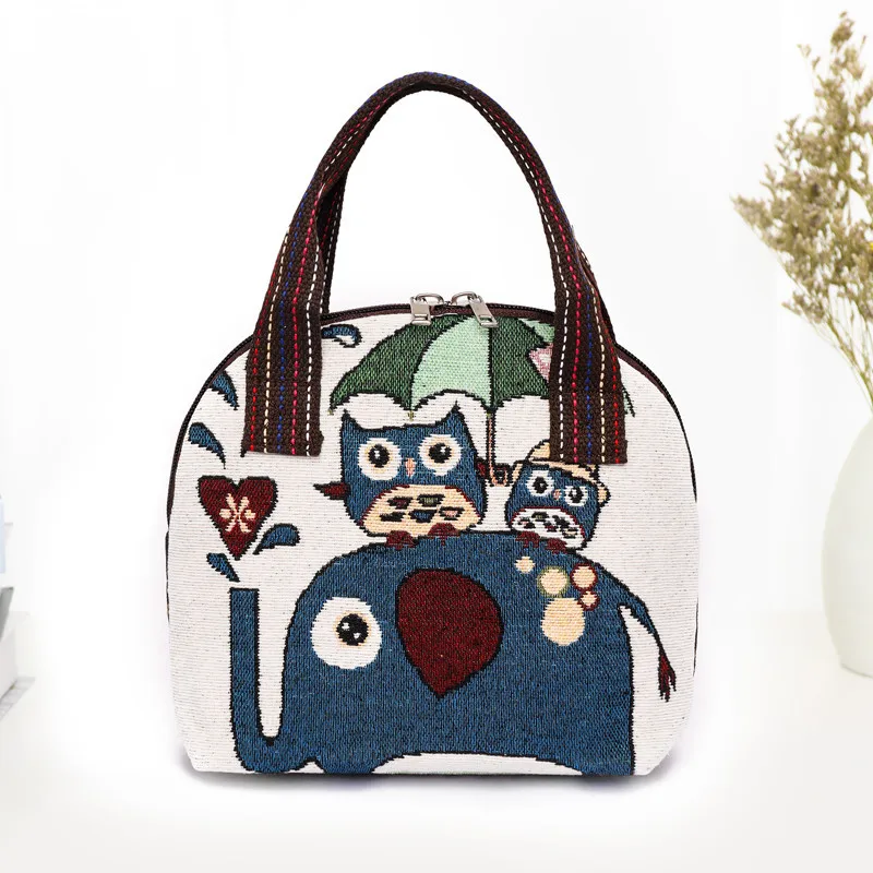 ISKYBOB Women Ethnic Handbags Travel Handle Zipper Canvas Tote Retro Animal Butterfly Elephant Owl Embroidery Cloth Coin Bag