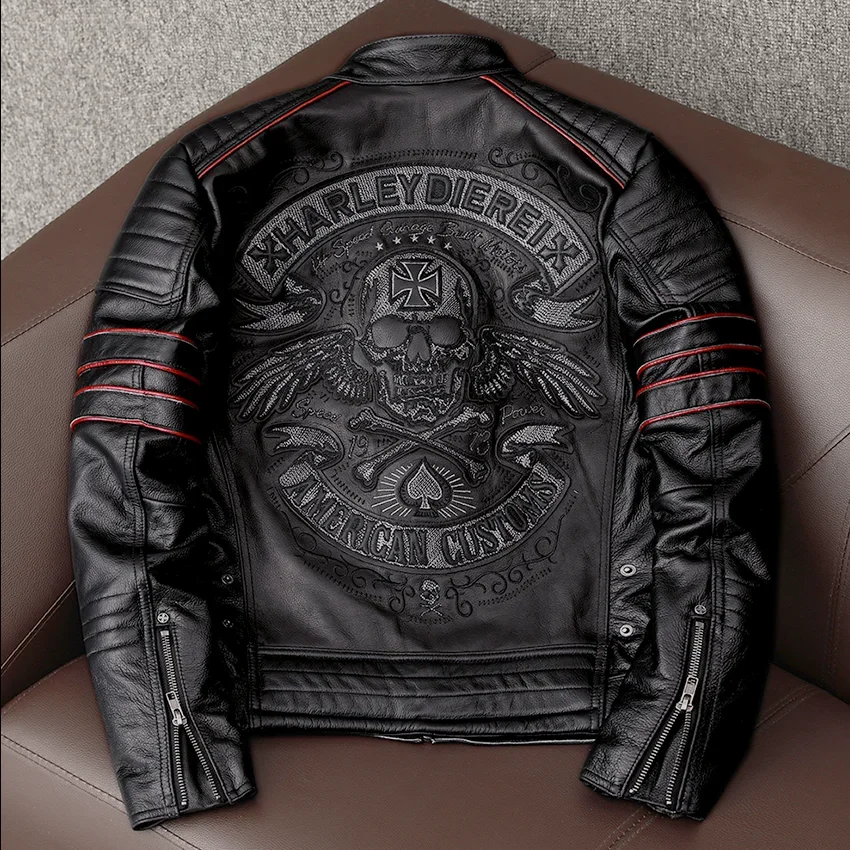 

Men's Spring Original Leather Motorcycle Jacket Skull Embroidery Top Layer Cowhide Clothing Slim Fit Black Slim Male Coat