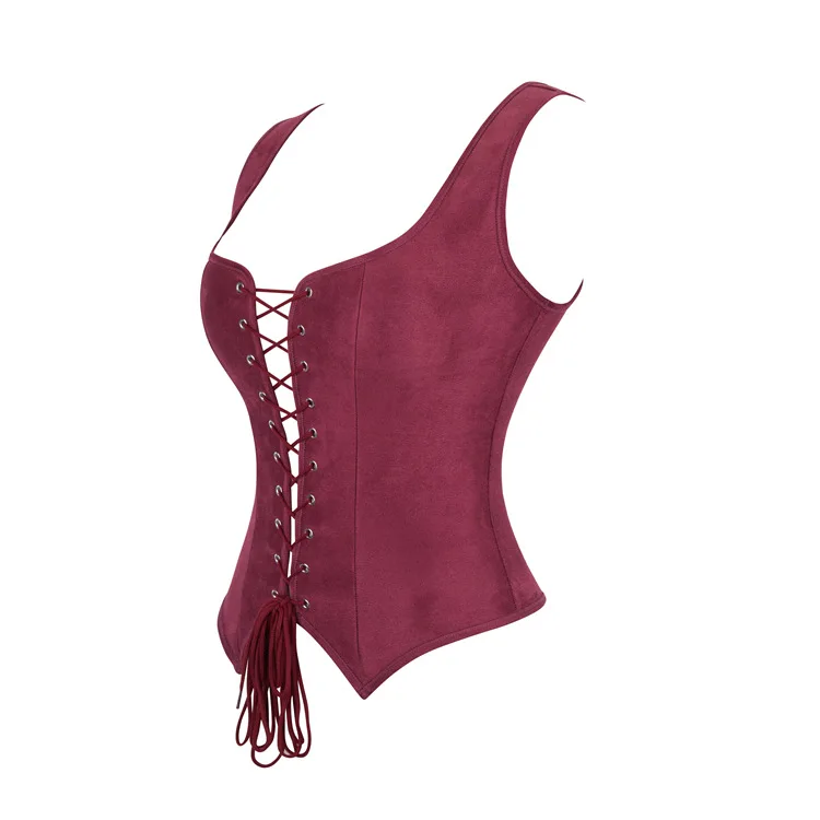 Retro Mittelalterliches Damen-Wildleder-Korsett-Oberteil Vintage Viktorianische Piraten-Damenweste Renaissance Cosplay Piraten-Halloween-Crop-Weste – Detail 10