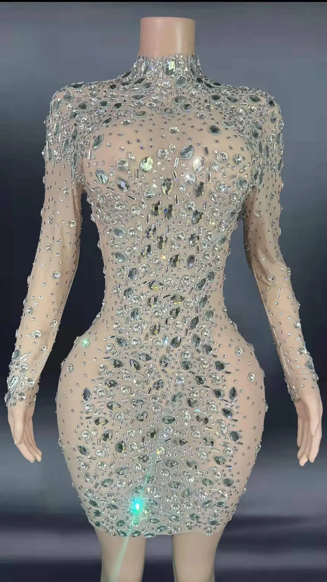 Robe à paillettes avec strass, transparente, col haut, pour femmes, tenue de fête d'anniversaire, en maille, robe de soirée pour Bar et danseuse