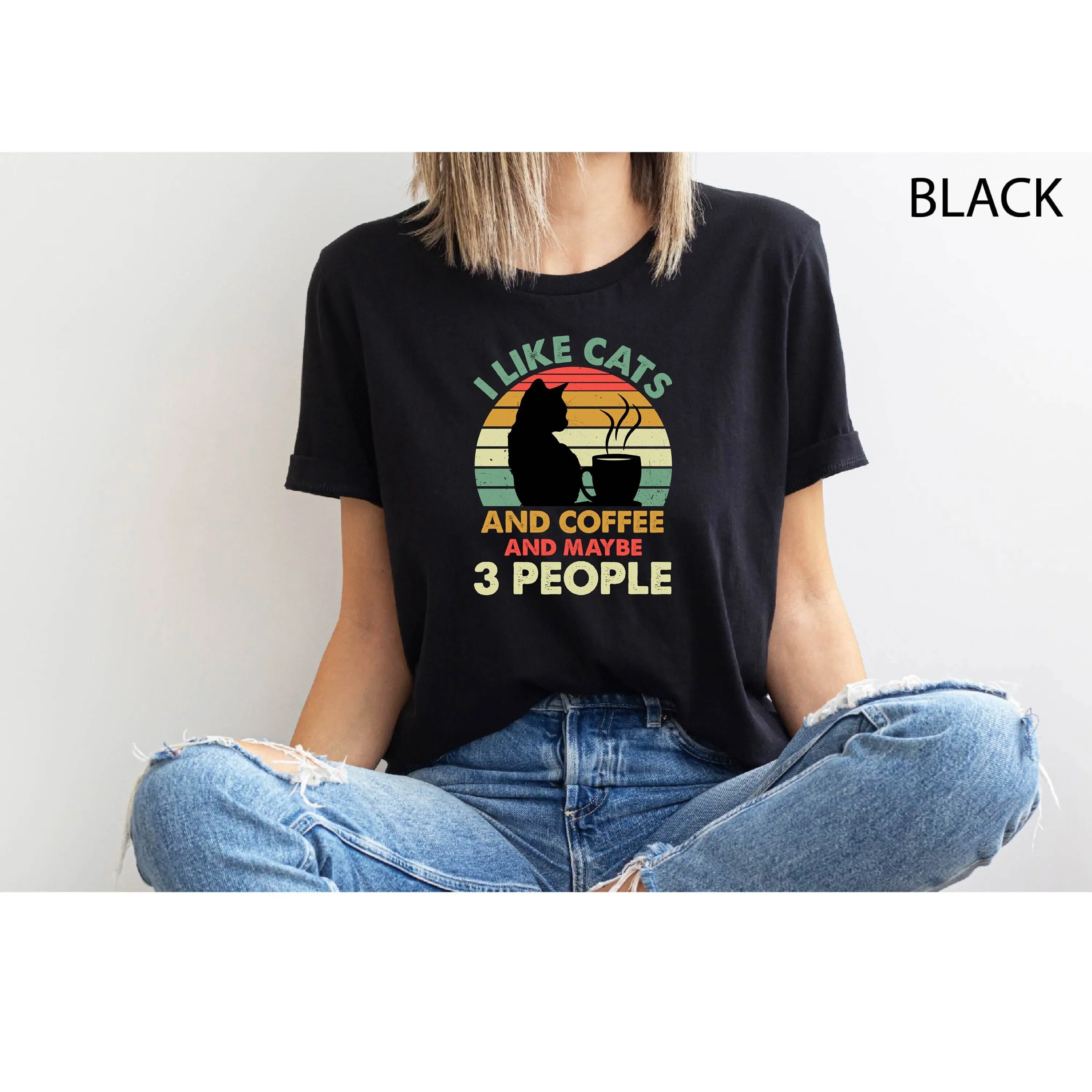 Vintage-T-Shirt für Katzenliebhaber. Ich mag Katzen und Kaffee. Vielleicht 3 Personen, Mama, Besitzer, Muttertag