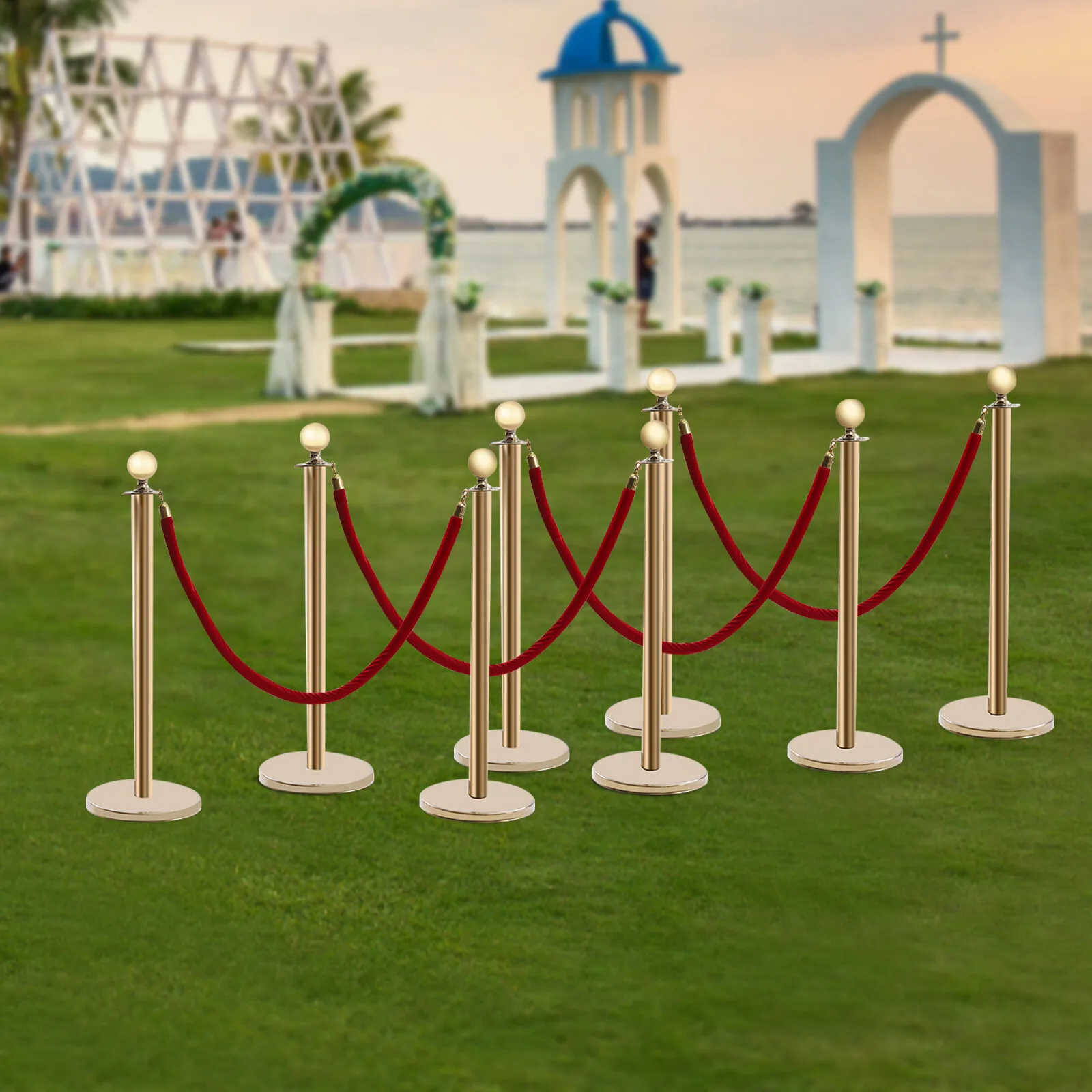 Gold&Red 8-Piece Stanchions With Ropes(Flexible&Secure) - Four-Way Top Connection&Customizable Layout, Rope End Buckles
