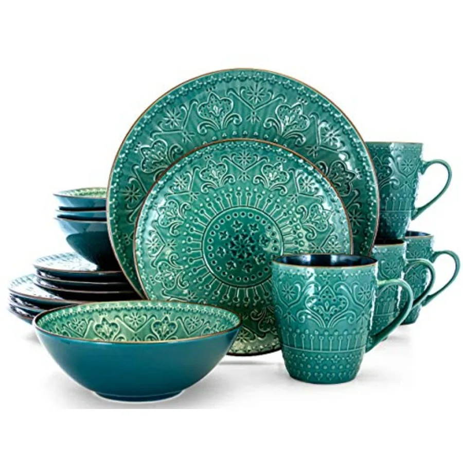 

Sea Foam Mozaic 16 Piece Round Stoneware Dinnerware Set in Sea Green for Kitchen Dining with Durable Matte Finish and Eco-Frien