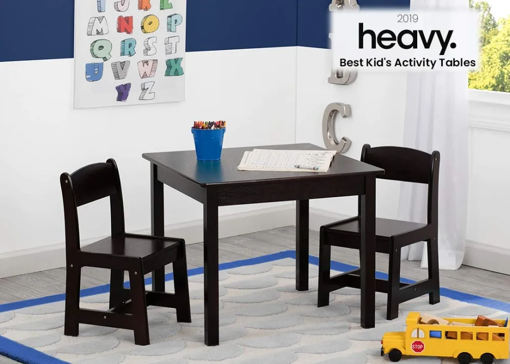 Conjunto de mesa e cadeira de madeira infantil, tamanho delta infantil, ideal para artesanato, hora do lanche, lição de casa e muito mais, 2 cadeiras incluídas