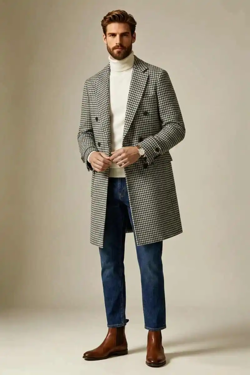 Elegant Checked Male Long Trench Coat Peak Lapel Woolen Jacket Casual Costume For Daily Dating Office Gathering Customized