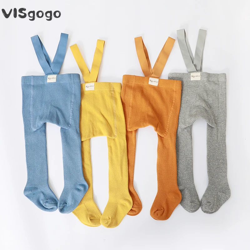 VISgogo Baby Girl Boys Tights Cute Footed Pantyhose with Suspenders Stretch Overalls Stockings Infant Leggings