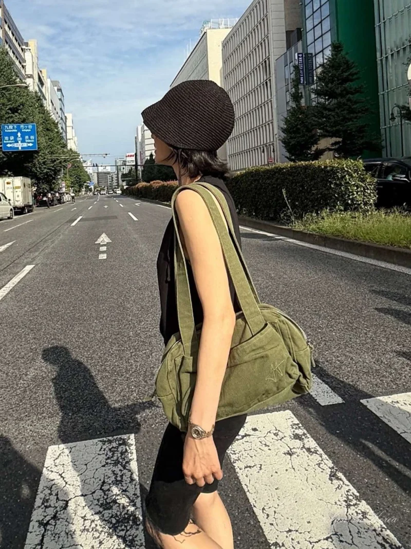 Korean Style Large Canvas Tote Bag Embroidered Minimalist Lightweight Underarm Three-layer Shoulder Handbag for Youth