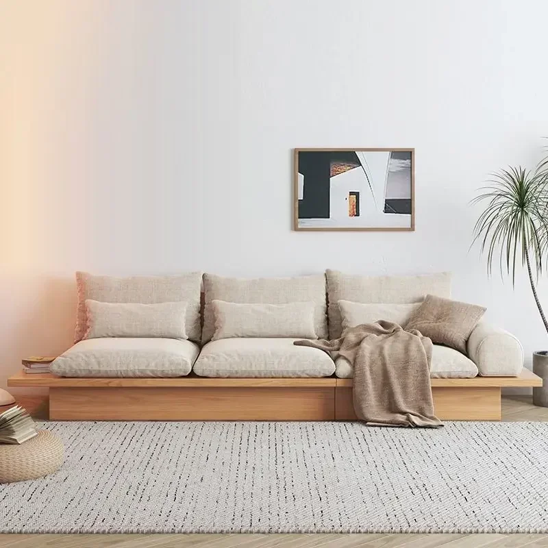 Japanese style sofa, solid wood frame living room, small unit size, Nordic minimalist storage, three person platform