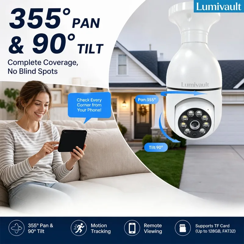 E27 Lamp Holder Screw Mount Camera WiFi Two-way Voice AI Human Detection Night Vision Home Security Camera