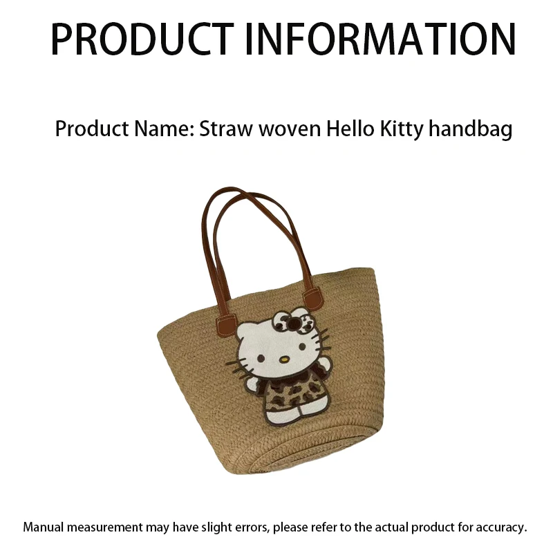 New Hello Kitty Straw Woven Handbag Simple Large Capacity Bag Retro Dopamine Accessories Unique Charming Pouch Commuting To Work